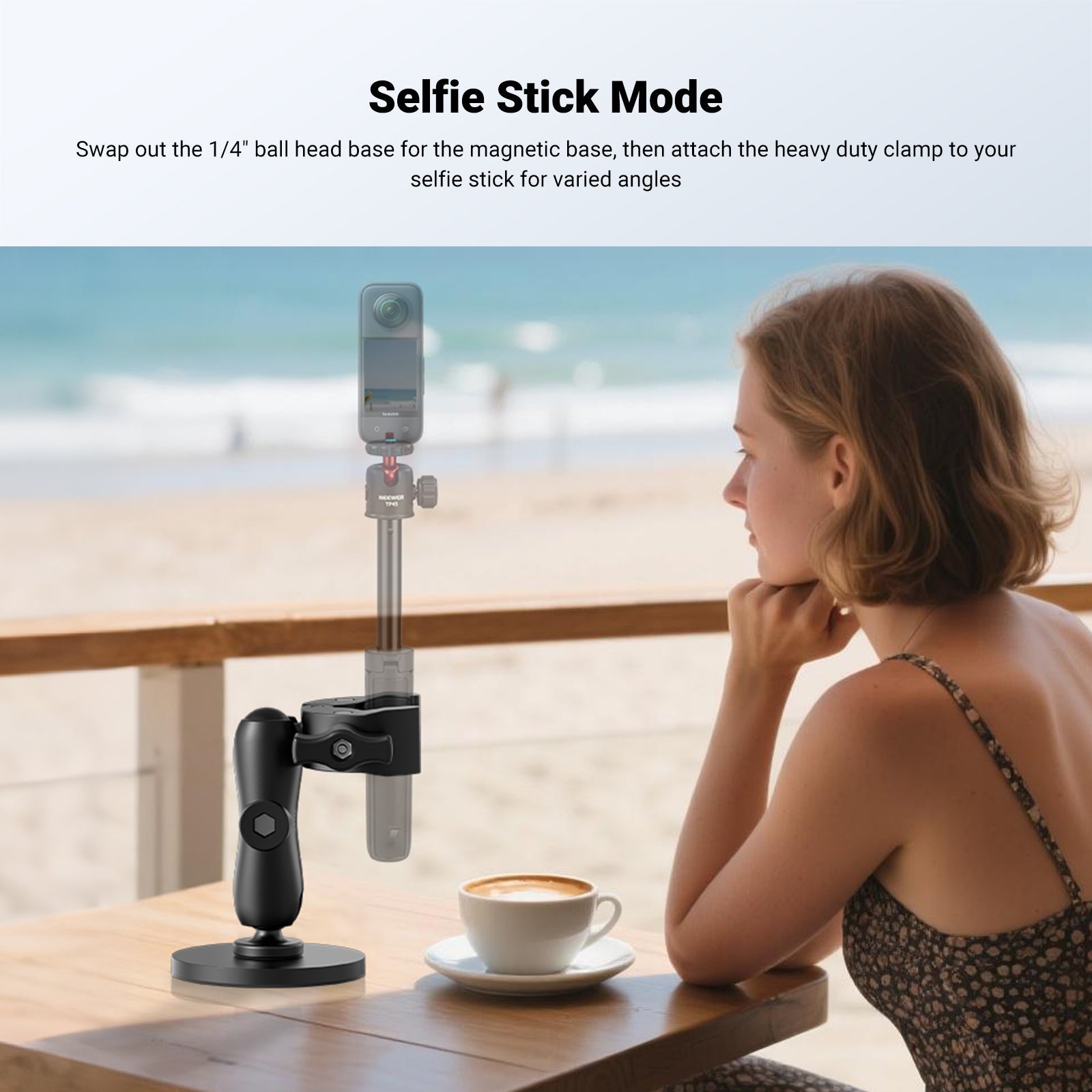 A girl is taking a selfie with NEEWER CA175 Action Camera Mounting Accessories Kit