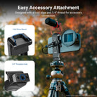 1/4" thread connects the phone mount to a tripod or stand, and the cold shoe mount attaches fill lights, mics, and other photography accessories.
