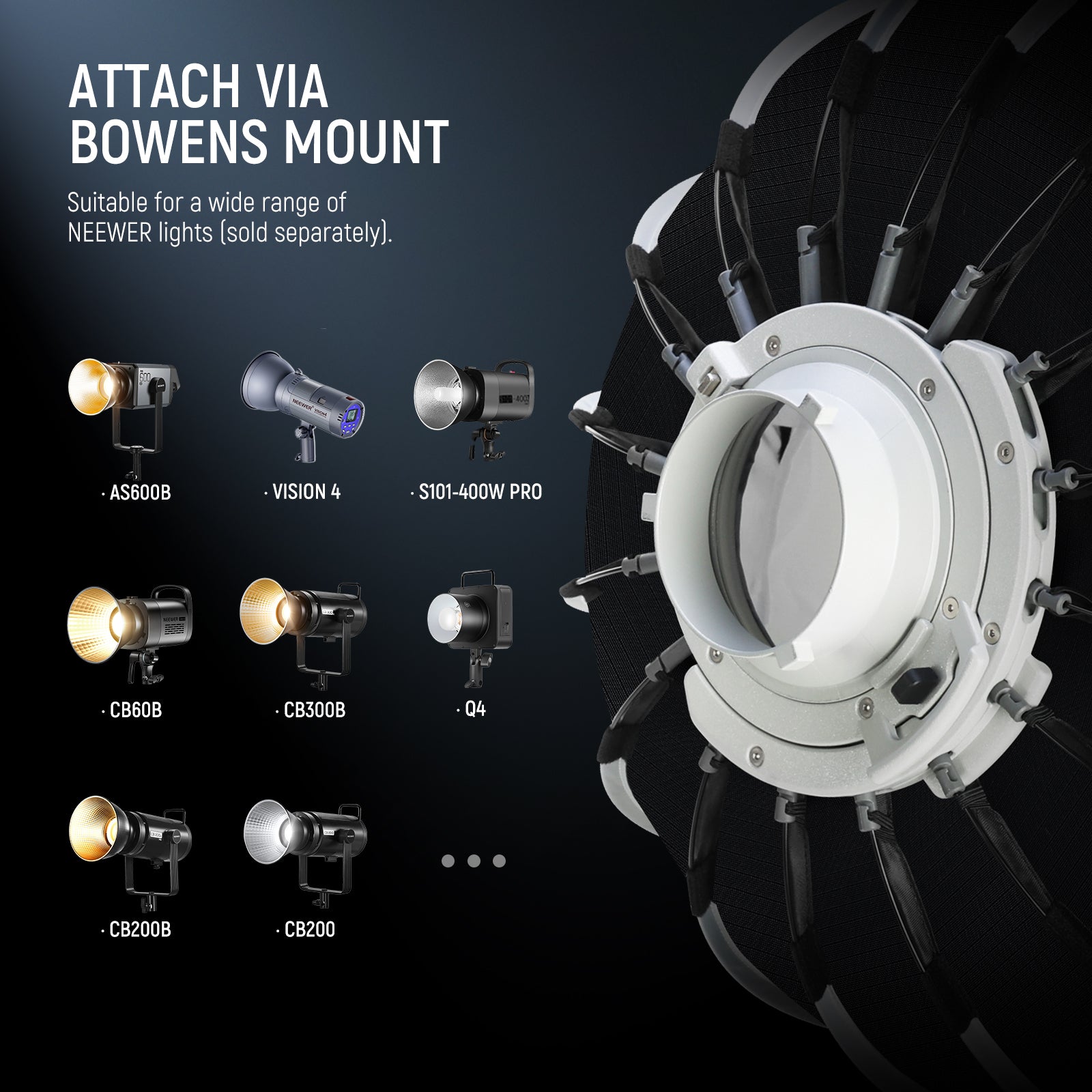 NEEWER NS71P Professional Parabolic Softbox is suitable for various NEEWER lights.