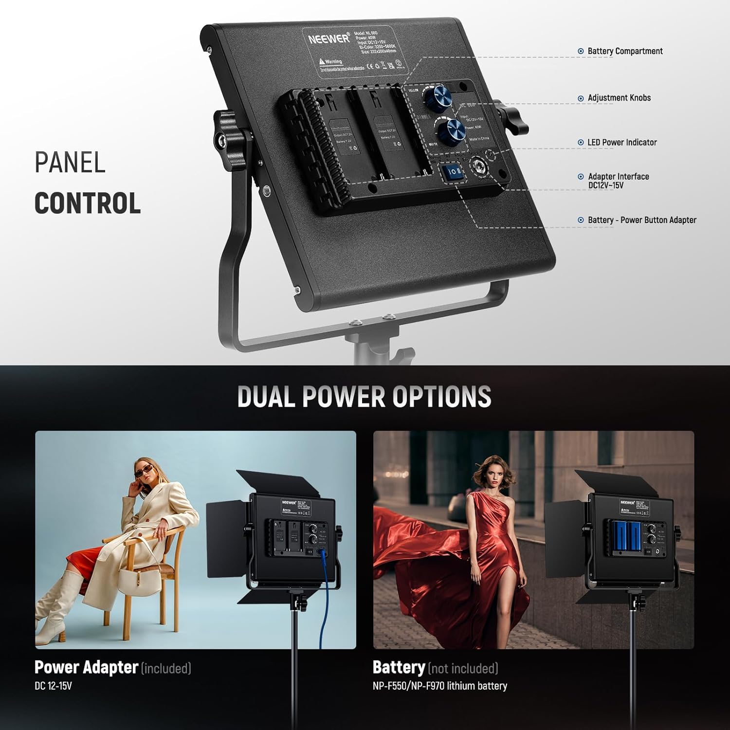 NEEWER LEDライト NL660 2灯 二色LED 電源コード Neewer NL660 Bi-Color LED Light Panel (2-Light Kit) 66604684 B&H