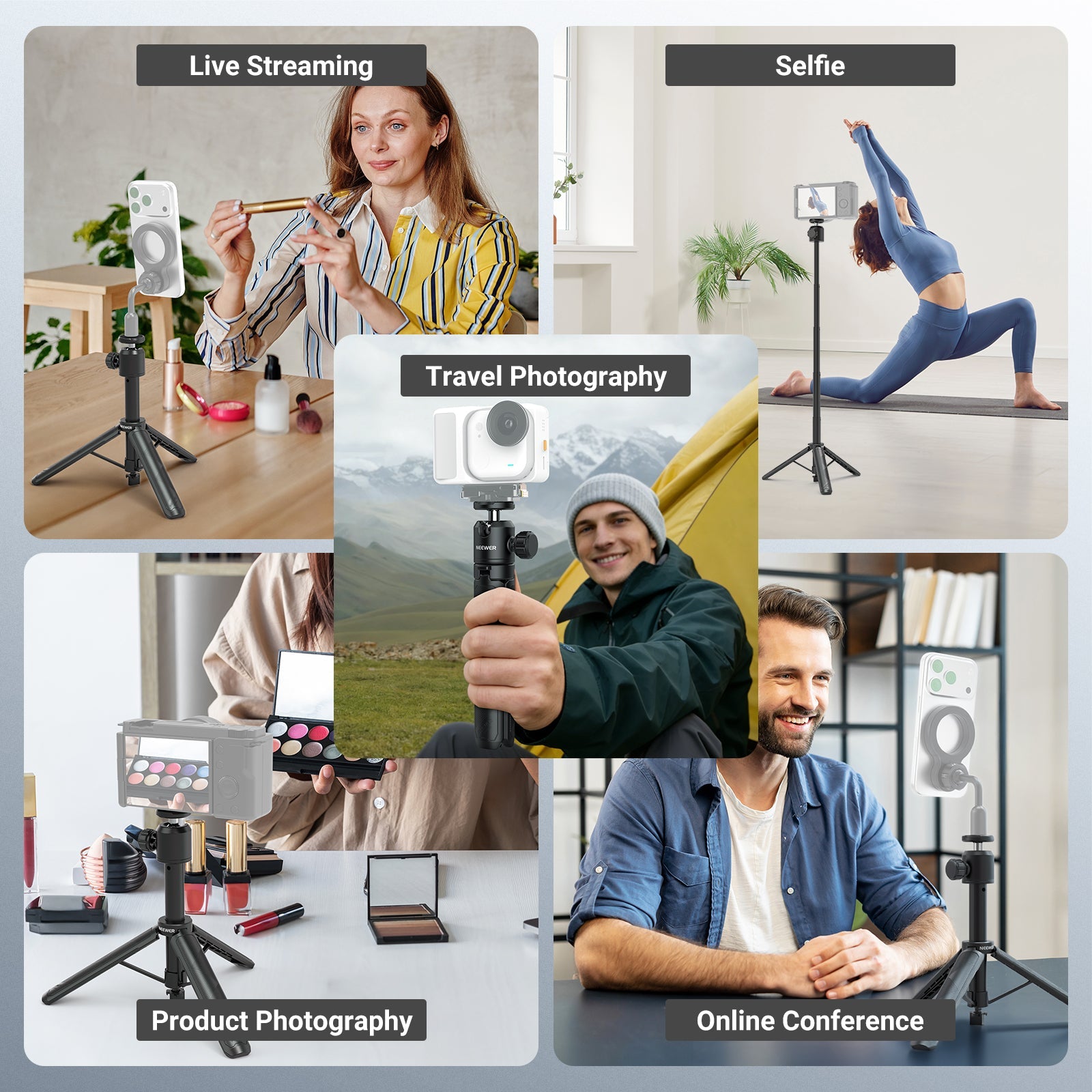 NEEWER DT001 All in One Extendable Selfie Stick Tripod is ideal for live streaming, selfies, product photography, an  online conferences.