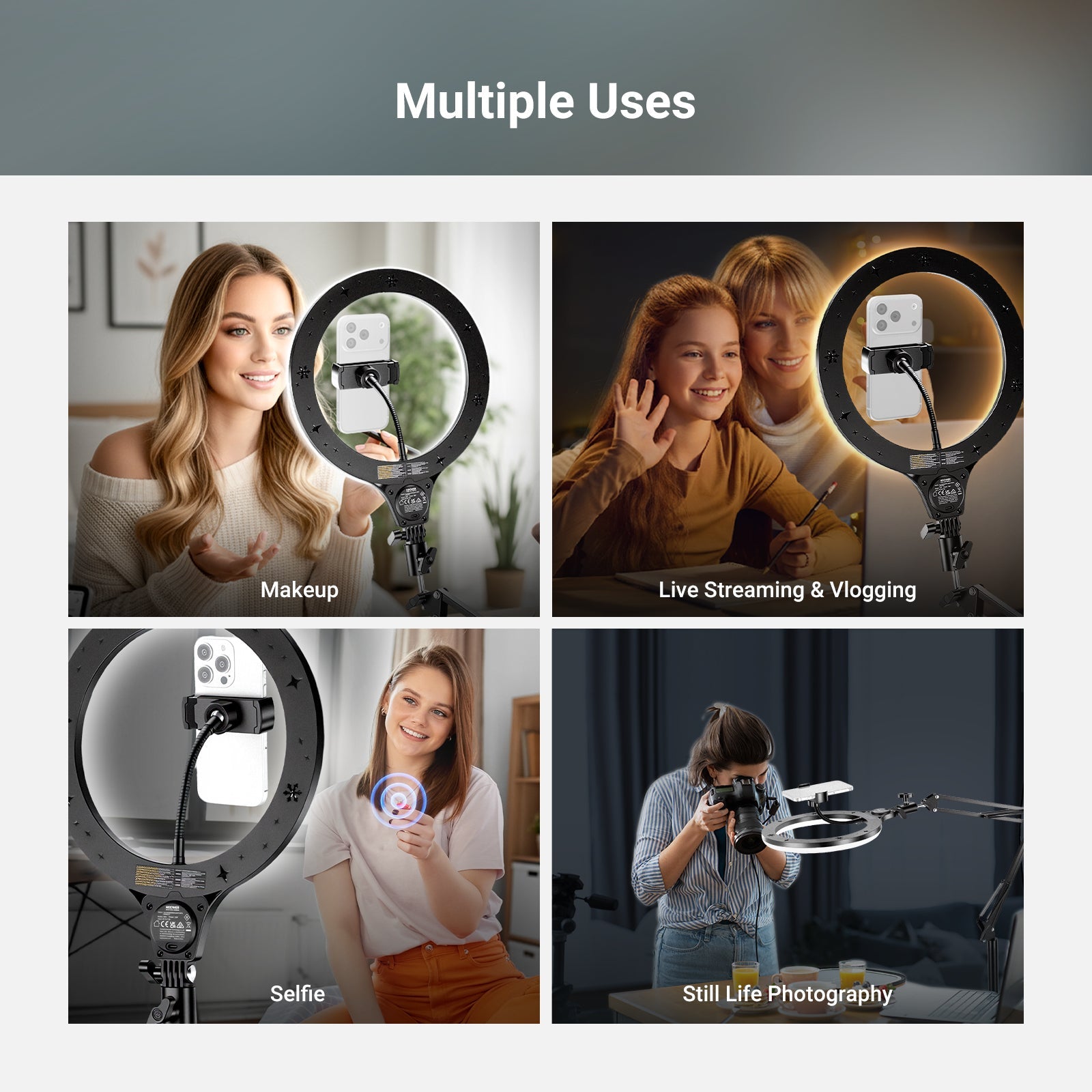 The NEEWER N44 Ring Light with Flexible Stand Kit is ideal for makeup, vlogging, selfies, and still-life photography.