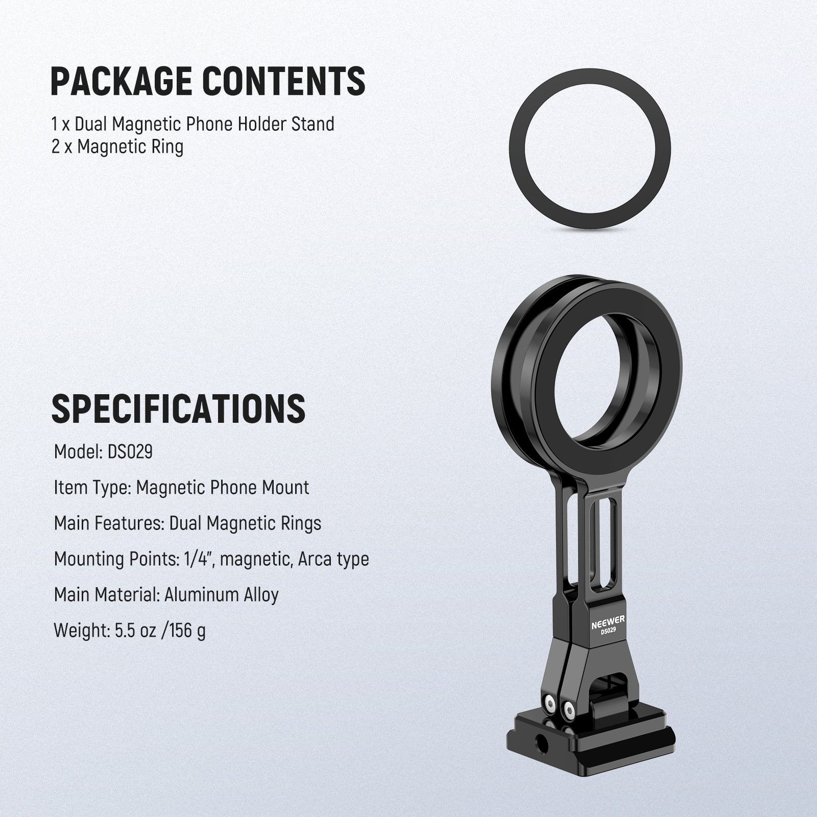 This package includes a dual magnetic phone holder stand and two magnetic rings.