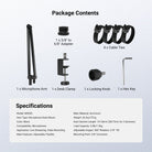 This package includes a mic arm, a desk clamp, a locking knob, an adapter, four cable ties, and a hex key.