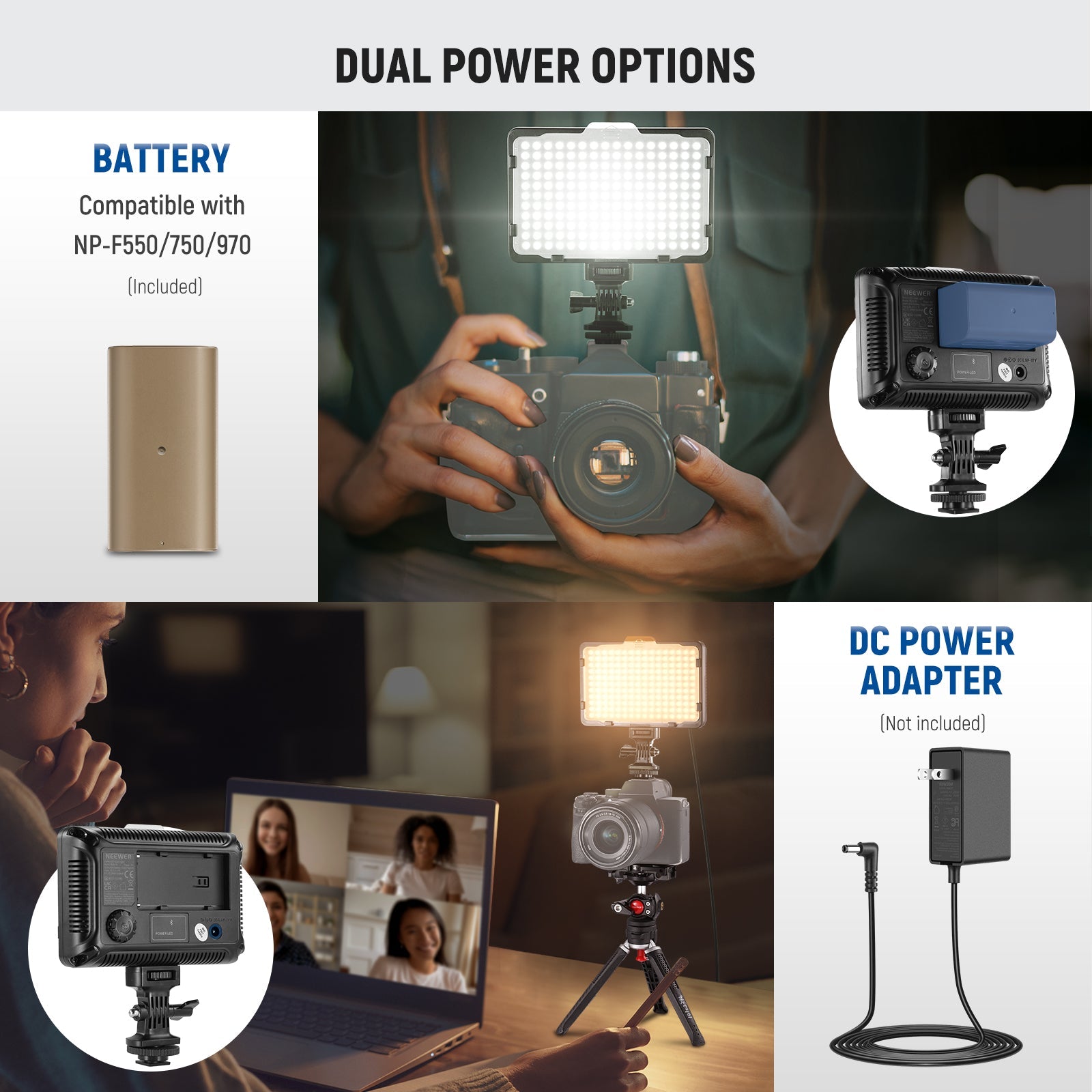 NEEWER RGB176 LED Camera Panel Light offers dual power options.