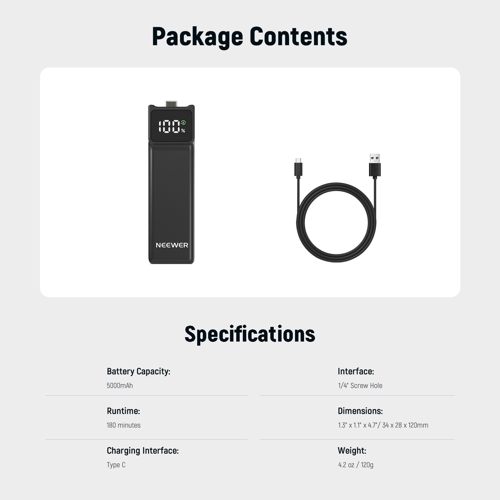 Specifications of the NEEWER PH01 5000mAh Battery Handle For DJI Osmo Pocket 3