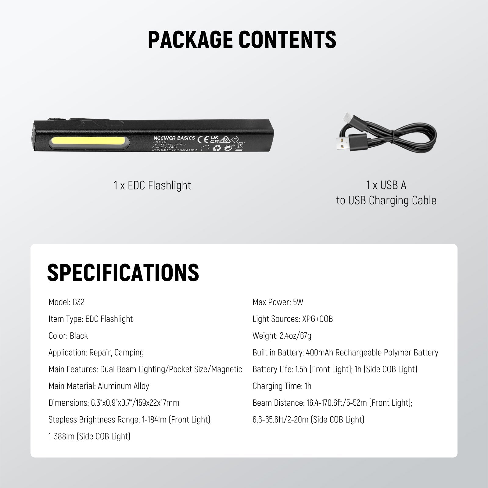 Specifications of the NEEWER G32 2 in 1 EDC Flashlight