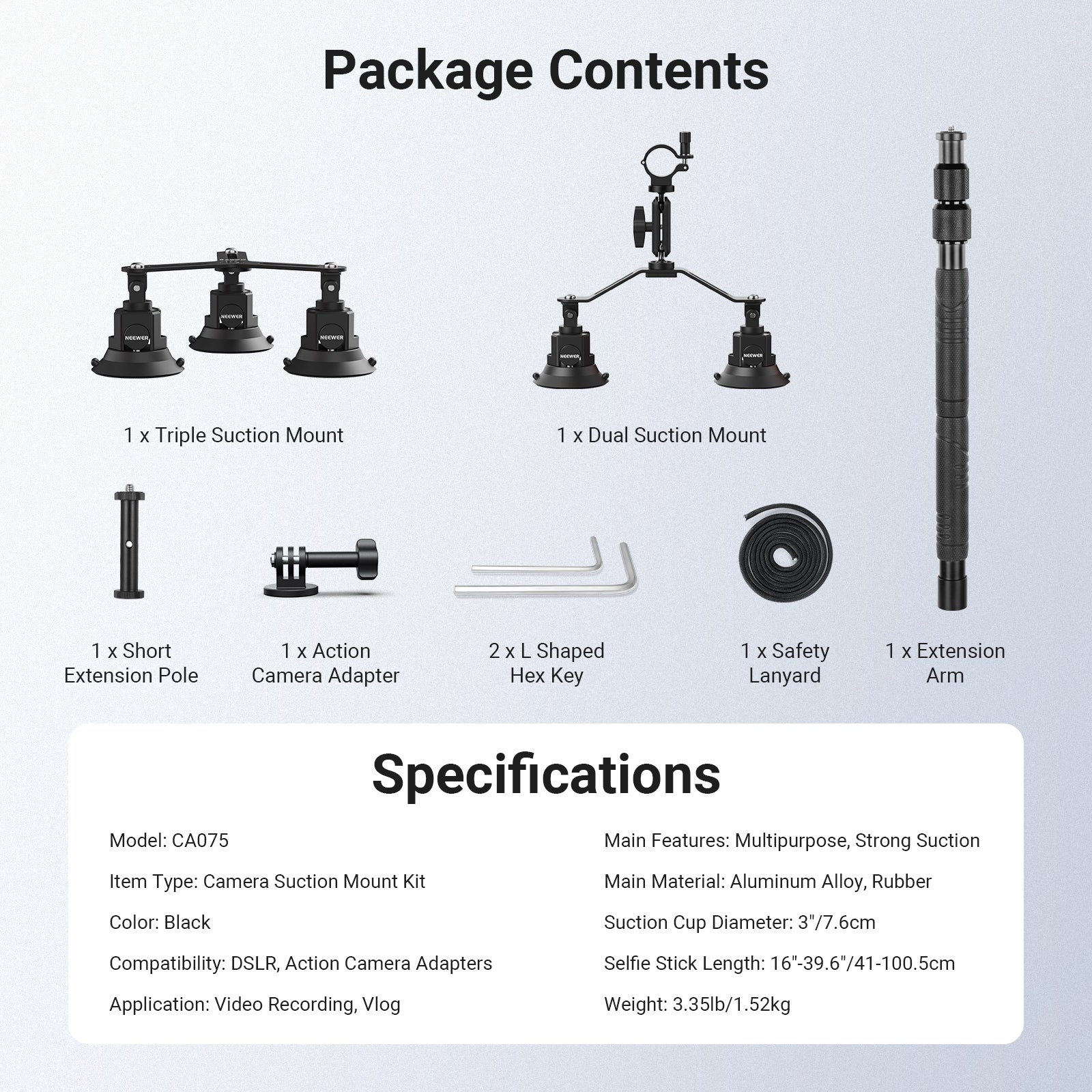 This kit includes a triple suction mount, dual suction mount, extension arm, adjustable selfie stick, and a clamp.
