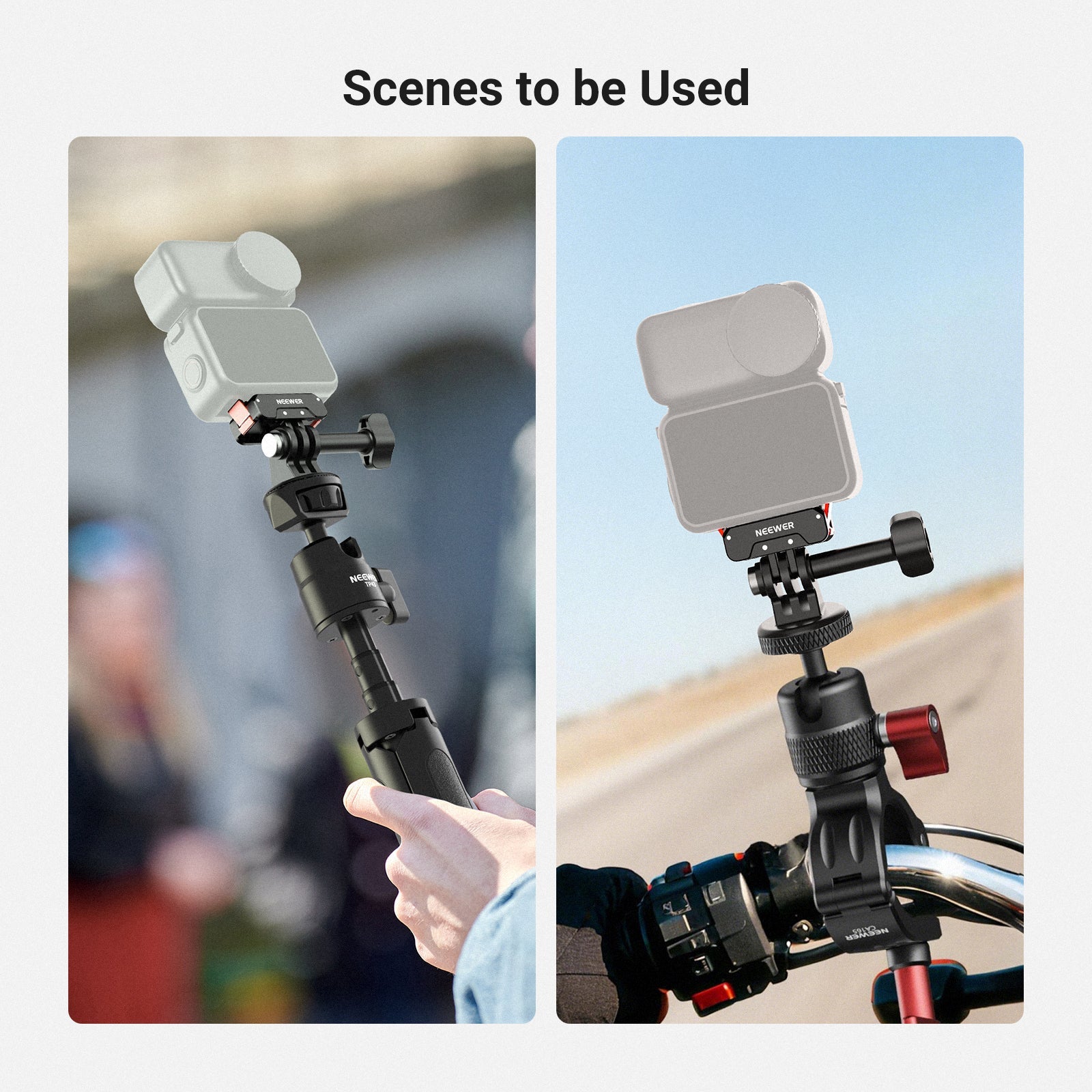 NEEWER AC056 Magnetic Quick Release Mount Adapter For DJI Osmo Nano is used for a selfie stick and a handlebar mount.