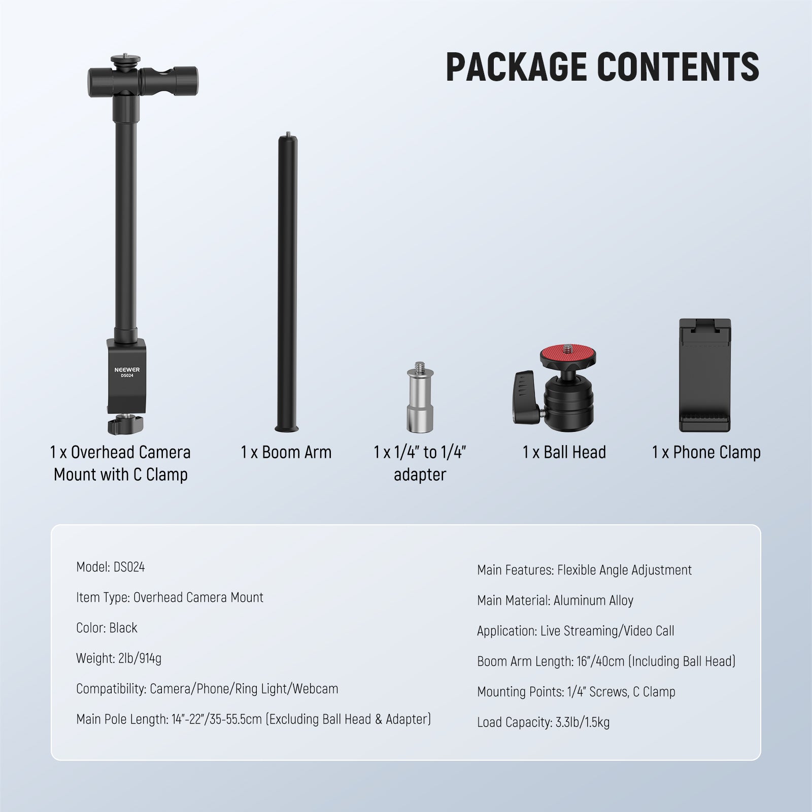 This kit includes a Overhead Camera Mount with C Clamp, a Boom Arm with Ball Head, a phone clamp, and a 1/4" Screw Mount.