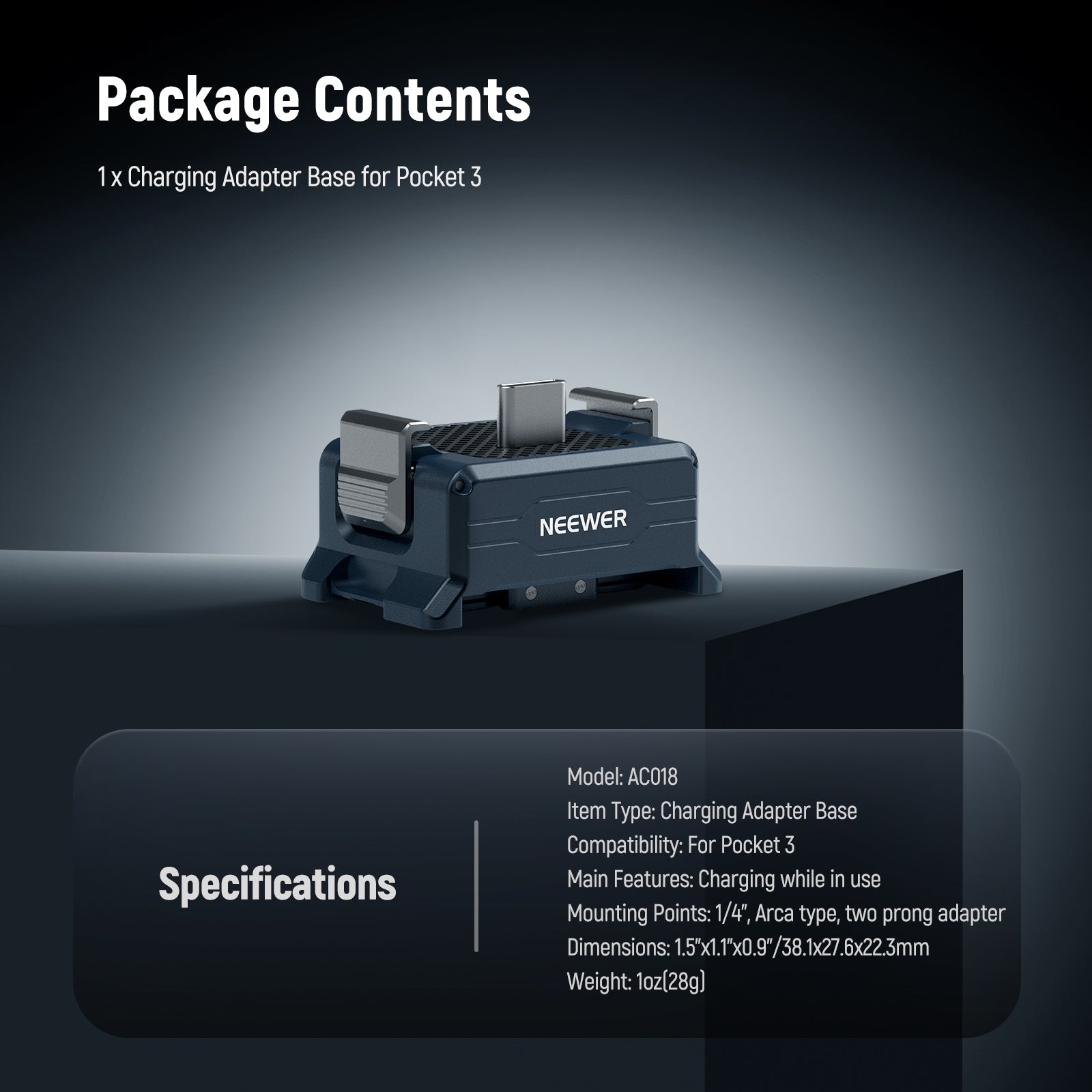 Package Contents of the NEEWER AC018 Charging Adapter Base For DJI Osmo Pocket 3