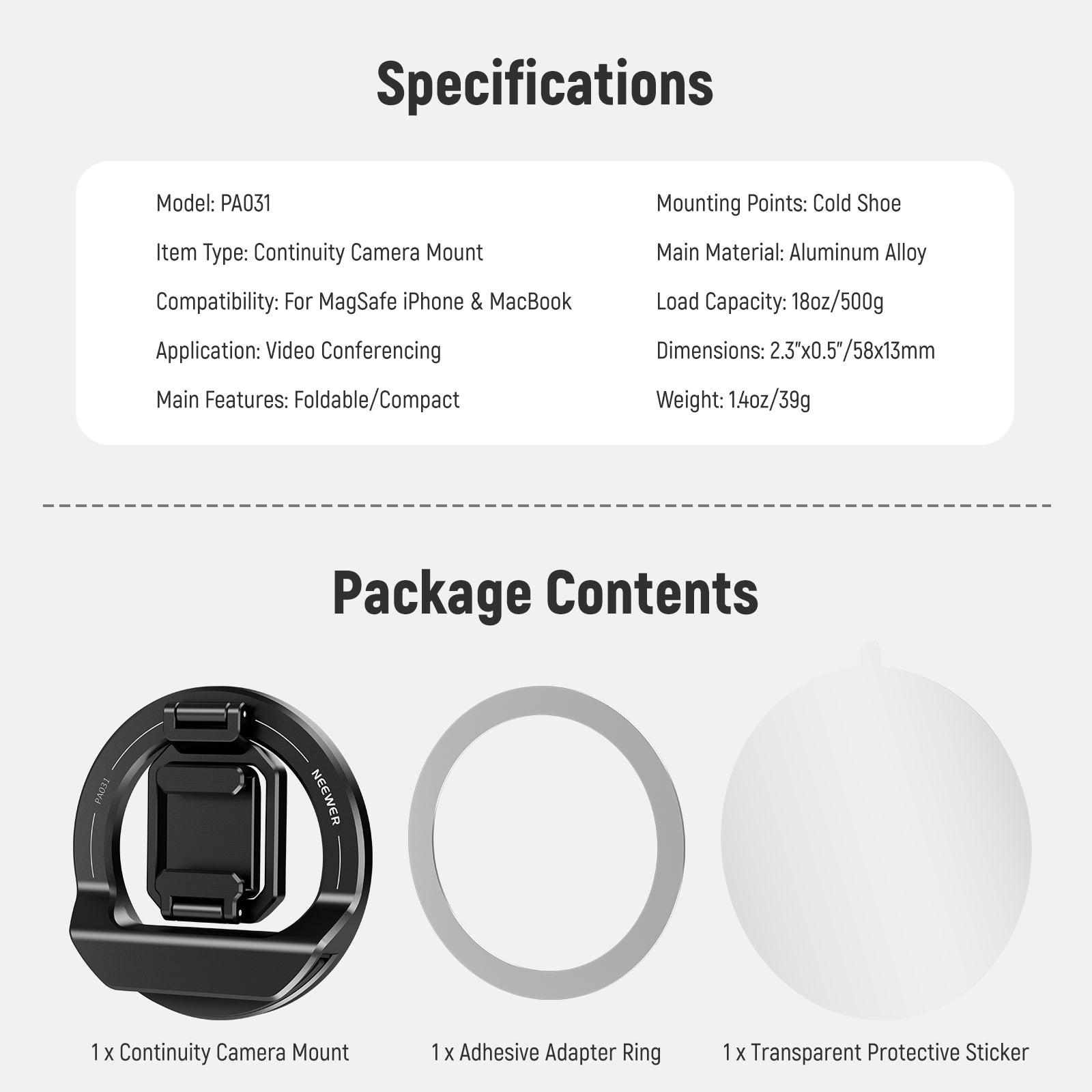 Specifications of the NEEWER PA031 Foldable Continuity Camera Mount