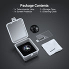 This package includes a teleconverter lens, a screen protector, a storage case, and a cleaning cloth.