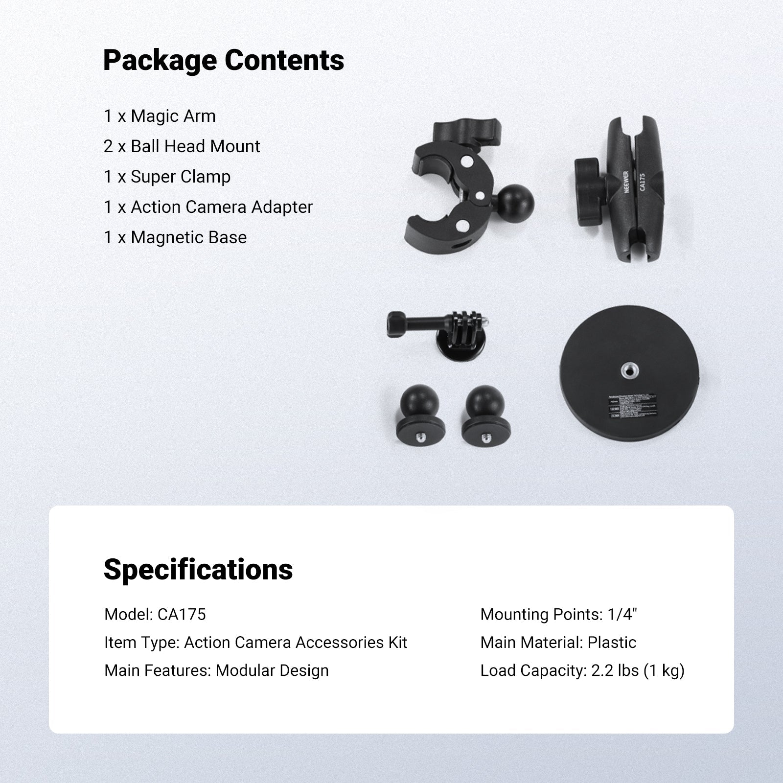 This kit includes a magic arm, two ball head mounts, a super clamp, an action camera adapter, and a magnetic case.