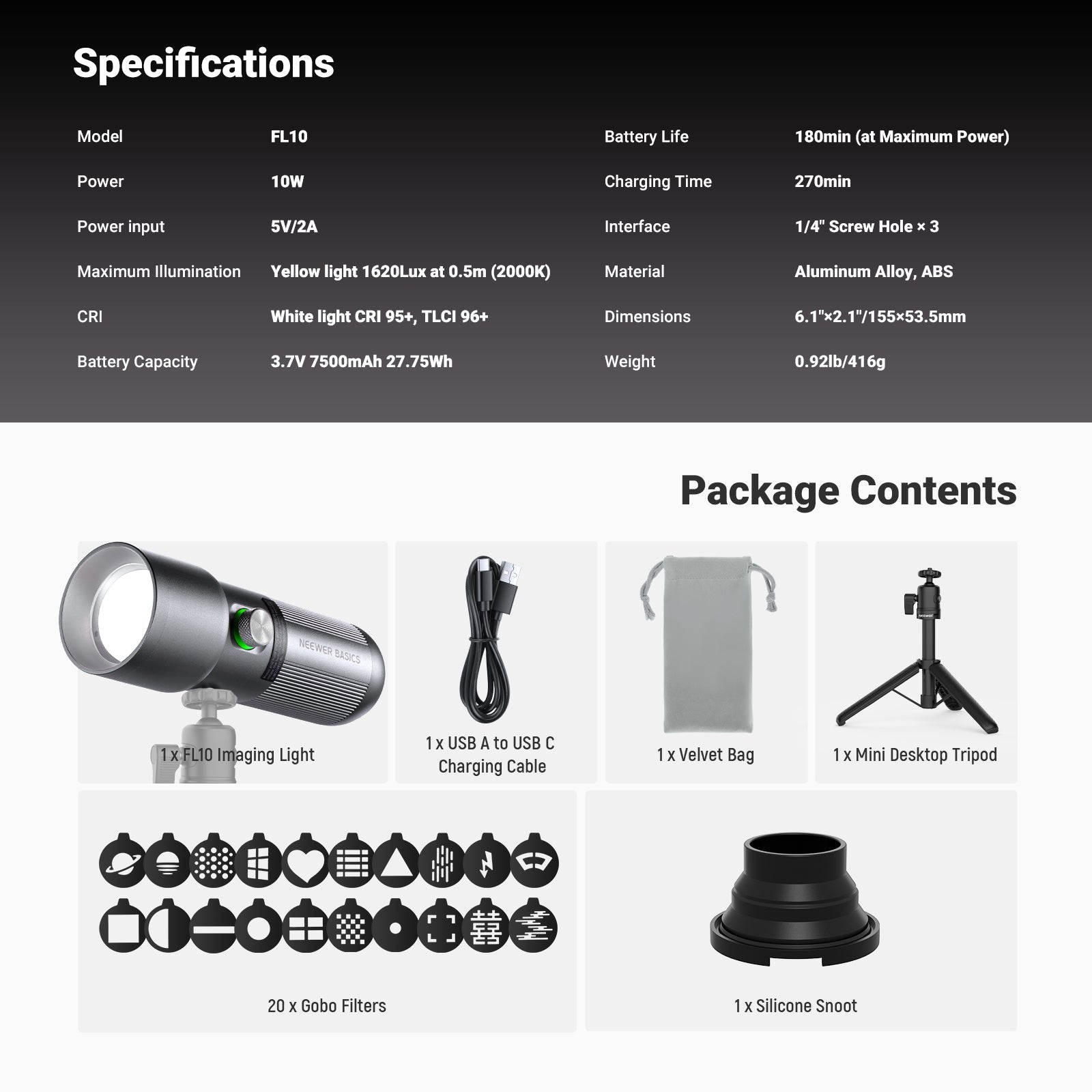 This package includes a NEEWER FL10 imaging light, a charging cable, a mini desktop tripod, and more.