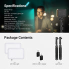 This package includes two LED video lights, two USB A to USB adapters, and two light stands.
