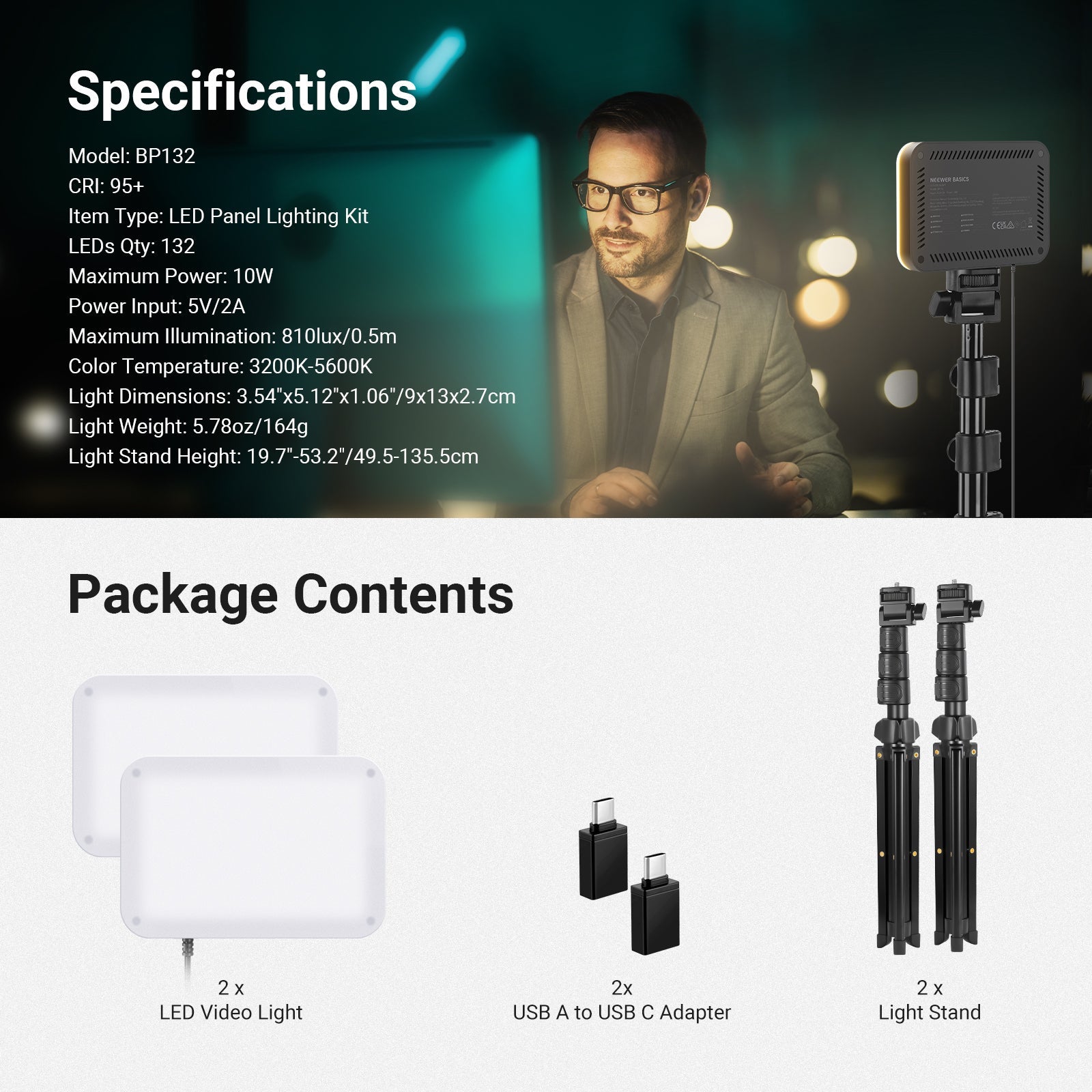 This package includes two LED video lights, two USB A to USB adapters, and two light stands.