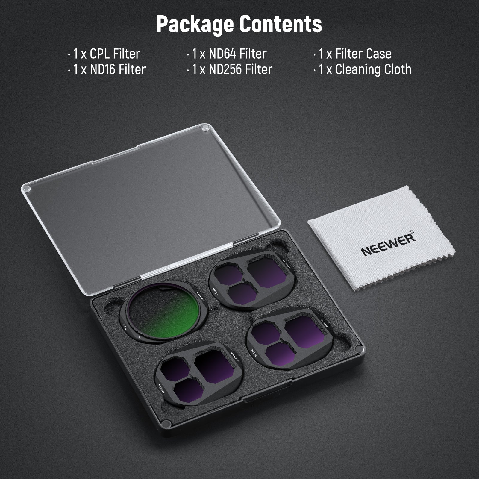 Package Contents of the NEEWER CPL + ND Filter Set For DJI Mavic 4 Pro Drone（CPL/ND16/ND64/ND256 Filter）