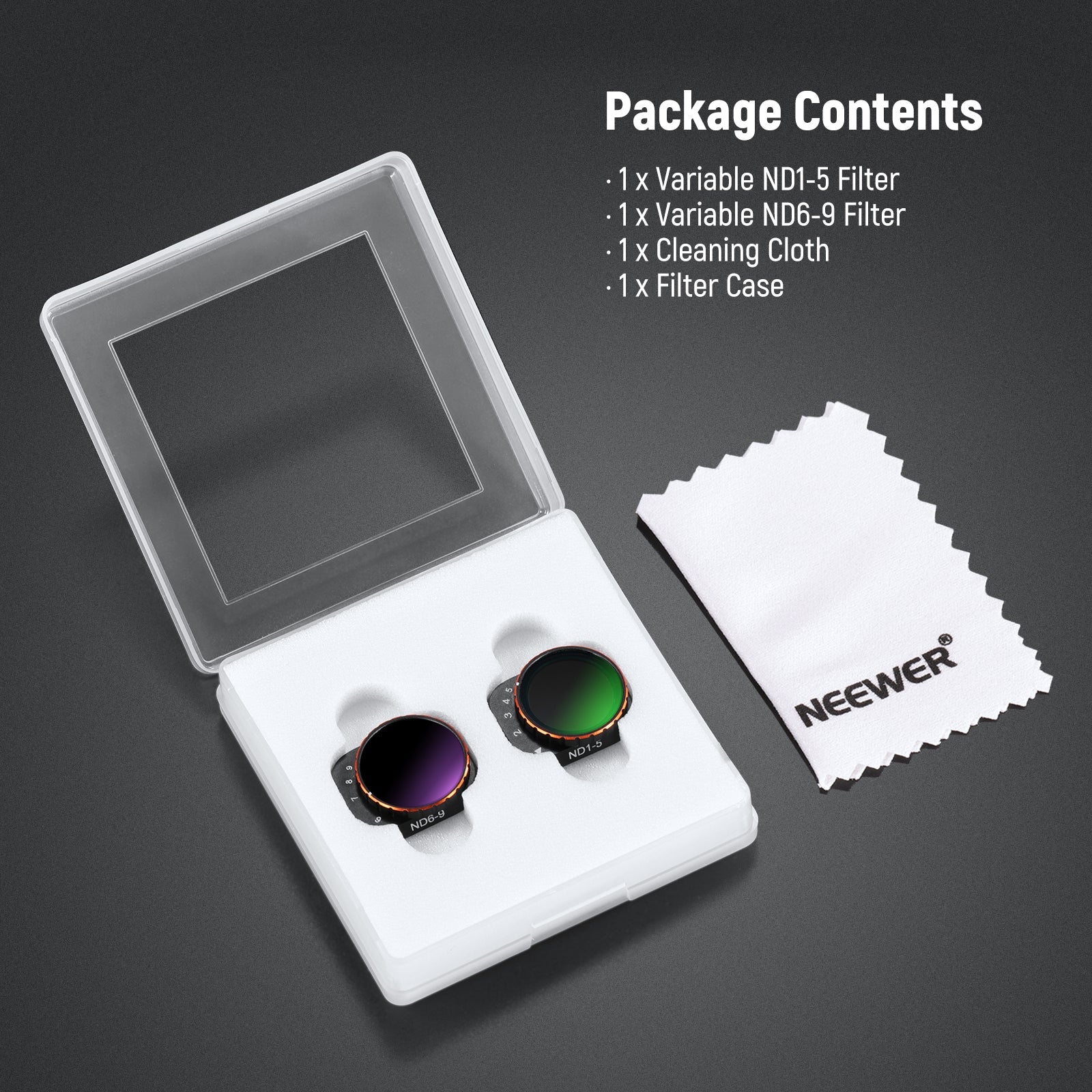 Package Contents of the NEEWER Variable ND Filter Set For DJI Mini 3 Pro
