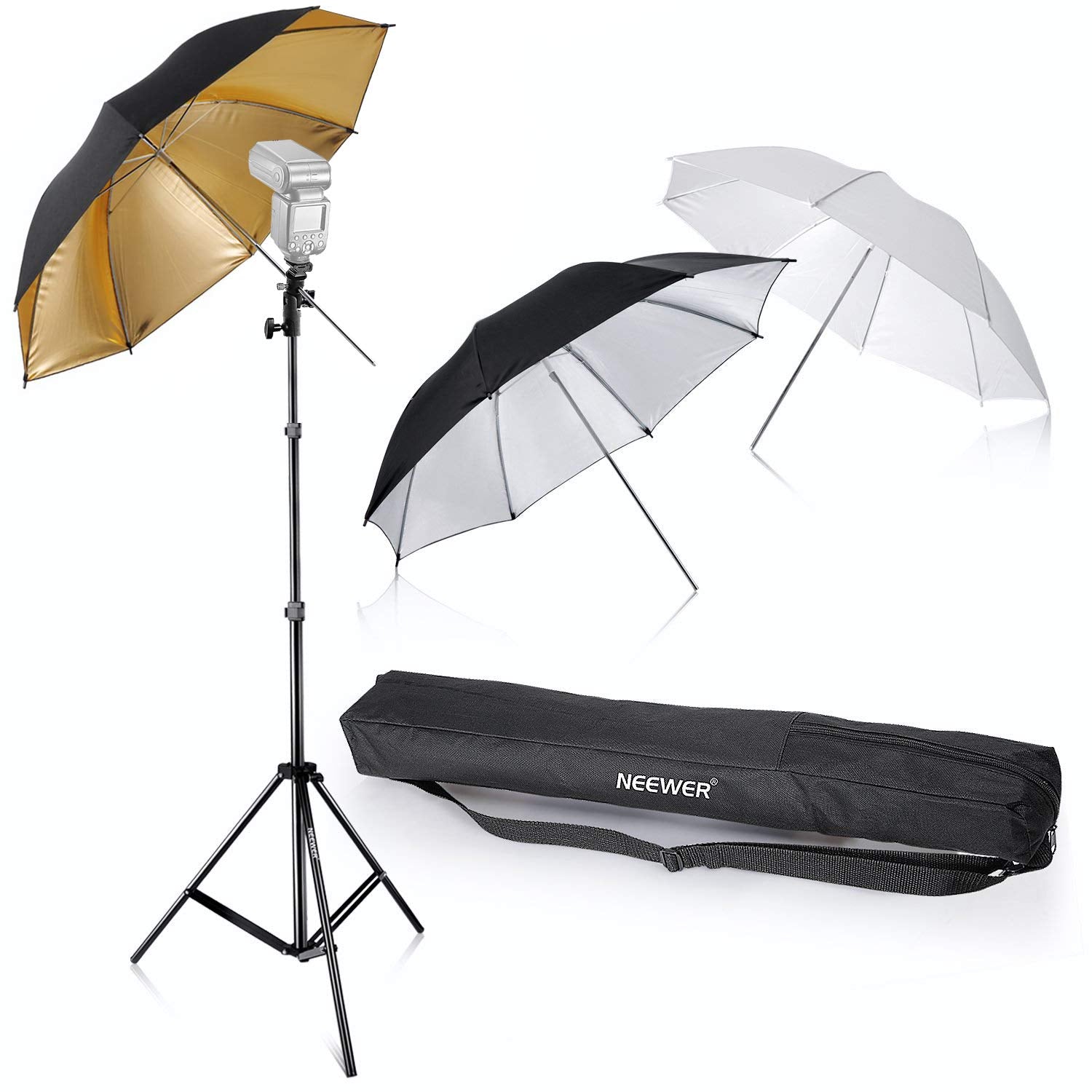 Neewer Flash Mount Three Umbrellas Kit 33"/84cm White Soft/Silver Reflective/Gold Reflective for Canon - neewer.com
