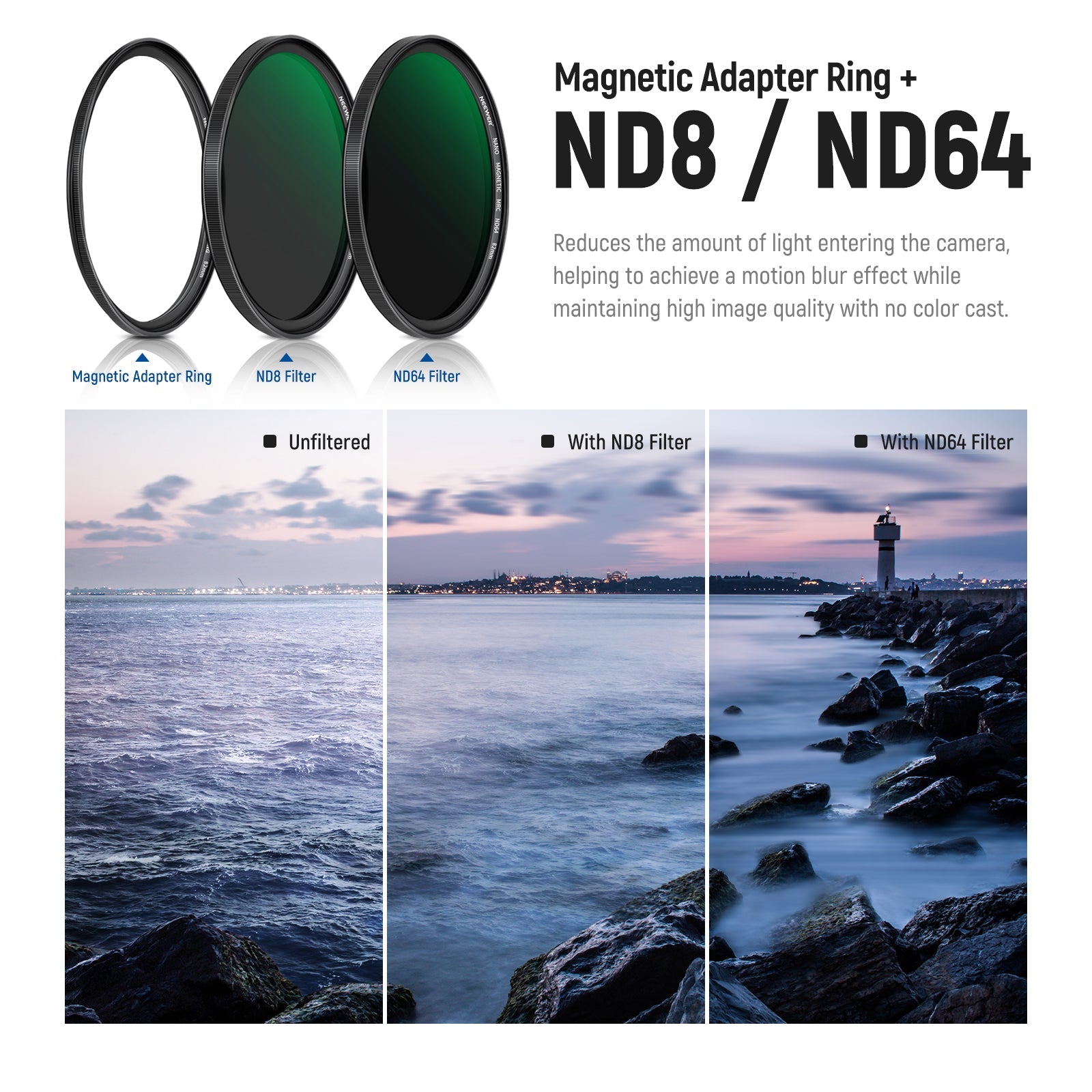 NEEWER 5-in-1 Magnetic Lens Filter Kit (1/4 Black  Diffusion+GND8+ND8+ND64+Ring)