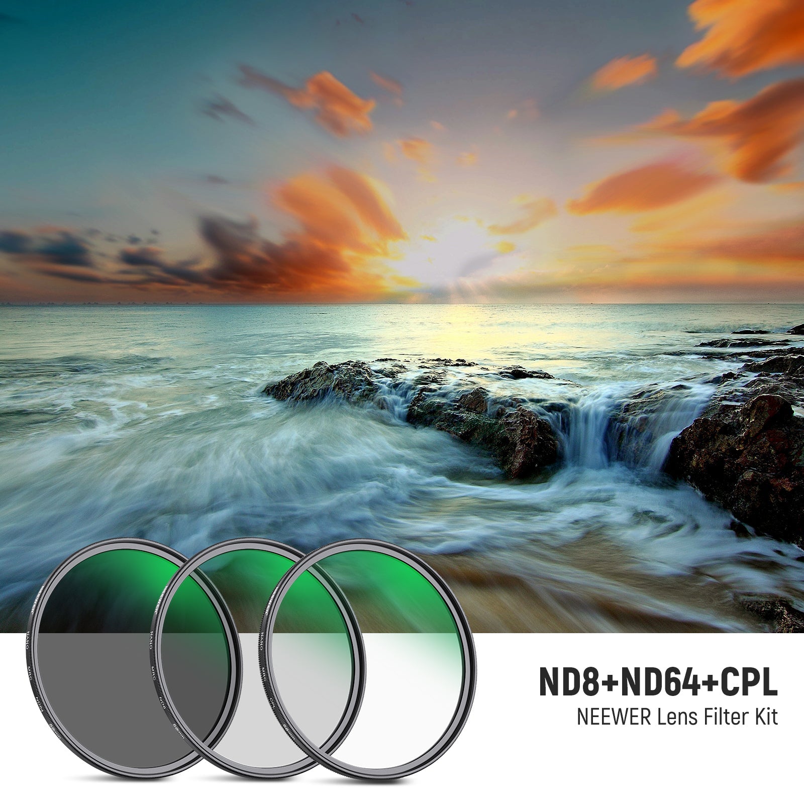 NEEWER 58/72/77mm Lens Filter Kit ND8 ND64 CPL Filter Set