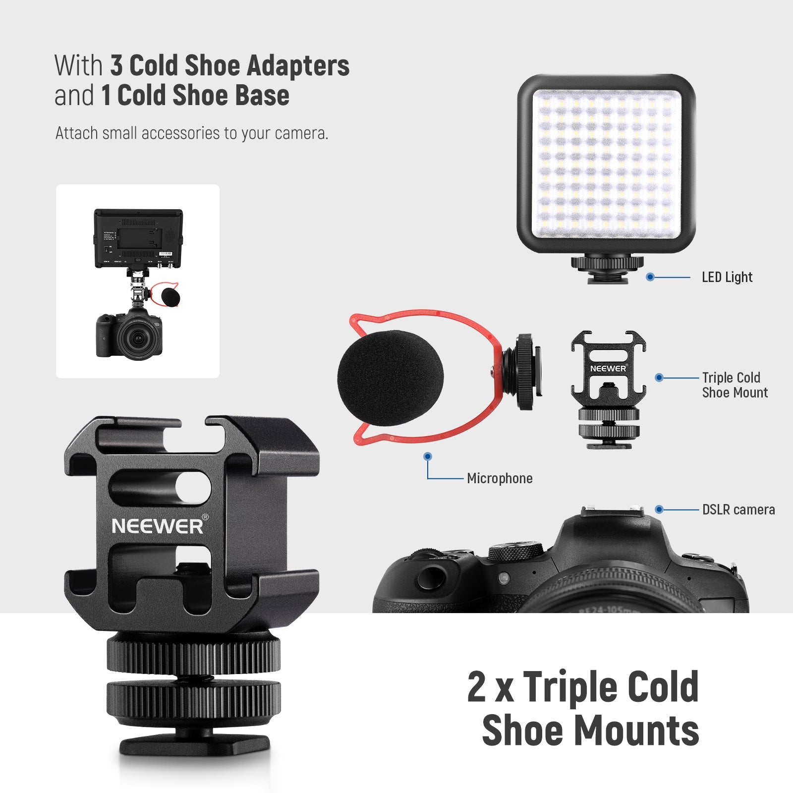 Neewer 3-in-1 Hot Shoe Mount Adapter Kit - includes Hot Shoe Mount, GoPro