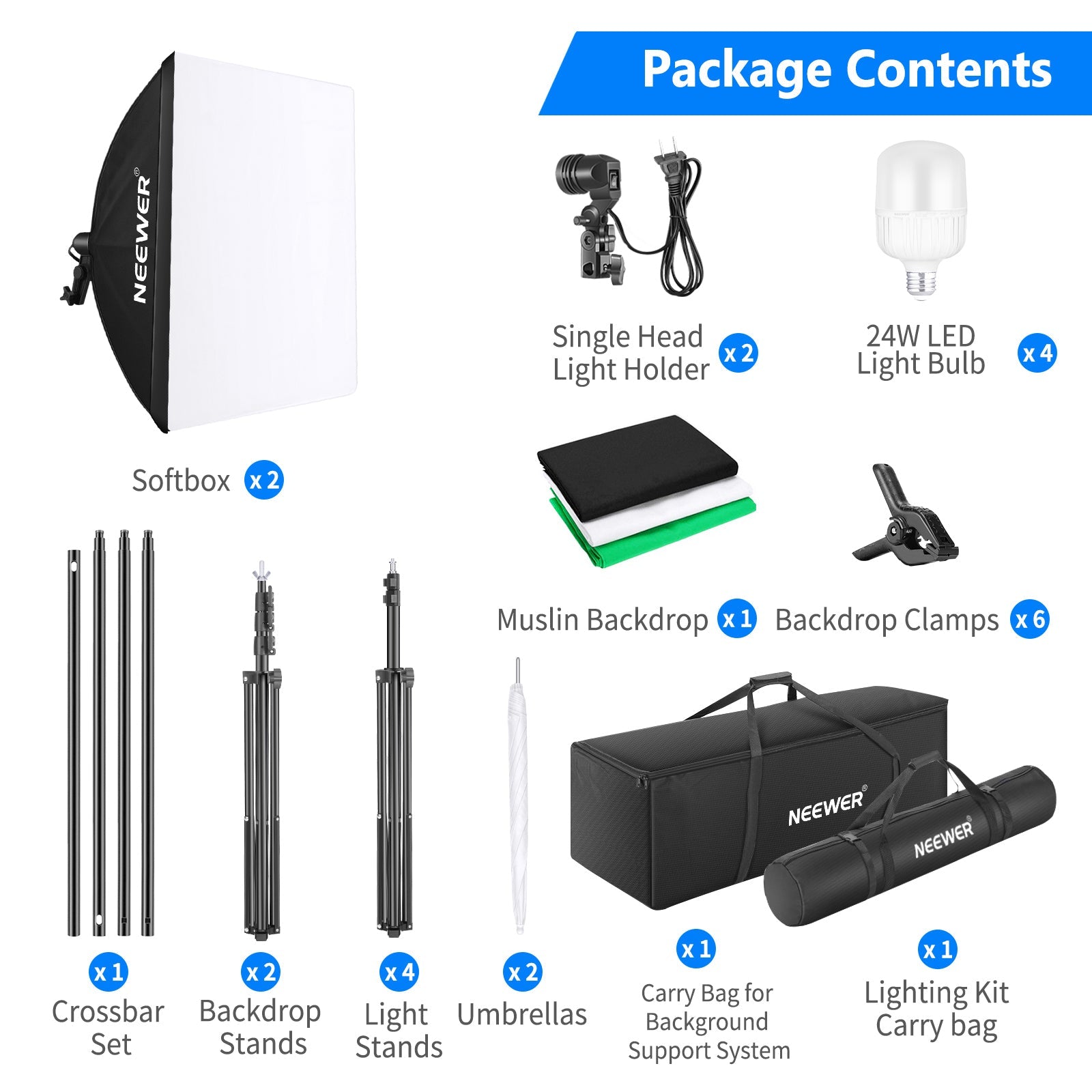 Neewer Kit Illuminazione E Sfondo 2.6x3m – 2400W 5500K Con Softbox E Sfondi Verde/Bianco/Nero Per Studio Foto E Video
