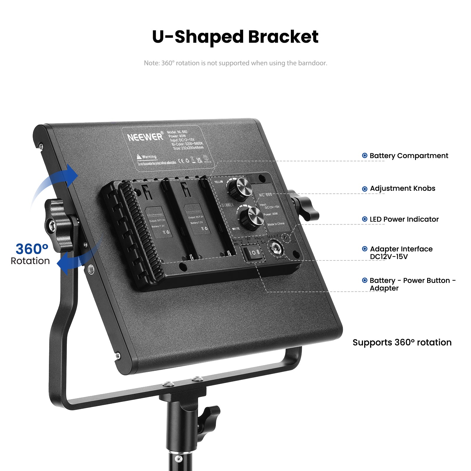 Neewer LED Video Light Bi-Colore 480 LED Con Staffa U – Regolabile 3200-5600K, CRI 96+, Per Studio E YouTube (Spina EU)